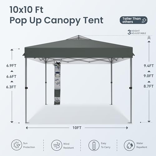 PHI VILLA 10x10ft 1-Person Setup Pop Up Canopy Tent Instant Portable Shelter w/ 1-Button Push, Case, 4 Weight Bags - Gray - color: Gray, size: 10×10 one push