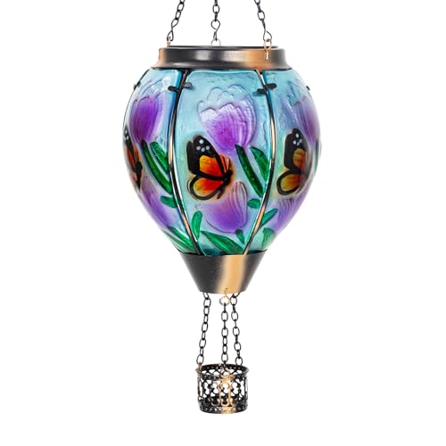 Butterfly Flower Solar Hot Air Balloon Lantern with Flame, Glass Balloon Lantern Outdoor Waterproof Lights, Hanging Solar Lights for Outside Garden Patio Porch Tree Yard Gift for Mom - color: Yellow Butterfly