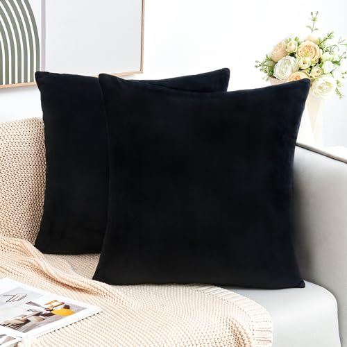 Throw Pillow Covers Decorative Velvet Set of 2 24x24 Inch Pillow Covers, Soft Black Large Pillowcases for Couch Sofa Bed Living Room, Farmhouse Home Boho Decor, Square Accent Cushion Covers - color: Black, size: 24" x 24" (Pack of 2)