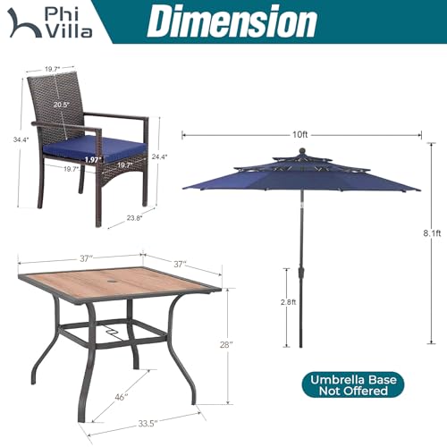 PHI VILLA 5 Piece Outdoor Dining Set with Umbrella for 4, 37" Square Metal Wood-top Dining Table & Wicker Rattan Chairs with Cushions & 10ft Blue Umbrella for Patio, Deck, Backyard, Porch - color: Navy Blue, size: 5PCS 37" Wood-top Table