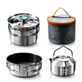Stainless Steel Camping Cookware, durable, easy to clean, and quick to heat up. Durable camping pots and pans, perfect for family picnics, camping, backpacking, hiking.