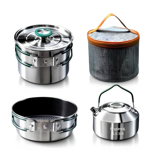 Stainless Steel Camping Cookware, durable, easy to clean, and quick to heat up. Durable camping pots and pans, perfect for family picnics, camping, backpacking, hiking.