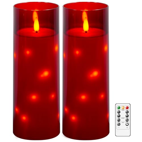 kakoya 11" x 4" Large Outdoor Waterproof Flameless LED Candles with Remote and Timer,Acrylic Pillar Candles Battery Operated with Embedded Star String for Porch,Patio,Outdoor Decor,Set of 2(Red) - color: Red, size: 2PCS-D4"xH11"