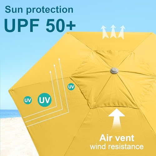 AMMSUN 8ft Heavy Duty High Wind Commercial Grade Patio Beach Umbrella with Separate Sand Anchor Air Vent Carry Bag Fiberglass Ribs without Tilt Outdoor umbrellas for sands Yellow - color: Yellow