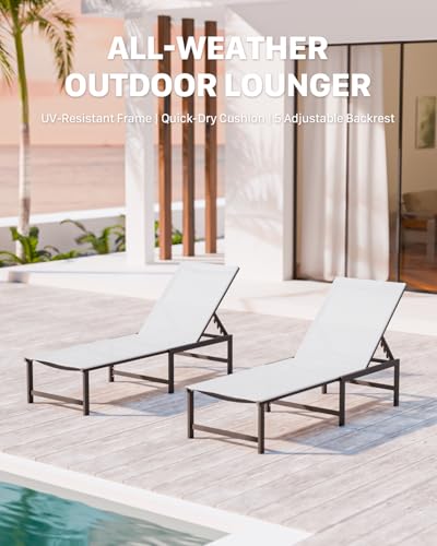 Chaise Lounge Chair Outdoor,Aluminum Patio Lounge Chairs Set of 2,Pool Lounge Chairs with 5 Adjustable Backrest for Outside Beach Lawn and Backyard White - color: White, size: 2 Chairs