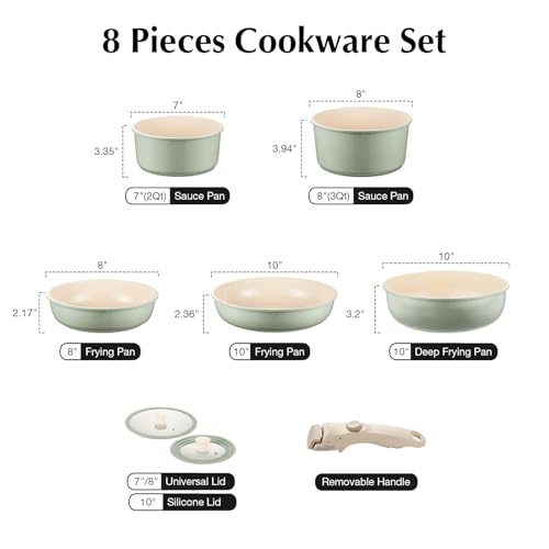 Ceramic Pots and Pans Set Non Stick Green, 8 Pcs Nonstick Cookware Set with Detachable Handle RV Camping Induction Kitchen Cookware Set Non Stick, PFAS PFOA & PTFE Free - color: Sage Green