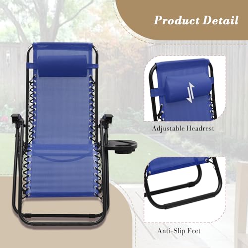 Athena Collection Zero Gravity Outdoor Lounge Chair Set of 2 with Side Table, 25" Width Pool Lounge Lawn Chairs Reclining with Cup Holder, Outdoor Chaise for Beach Patio Backyard Outside, Blue - color: Blue, style: 25" Width