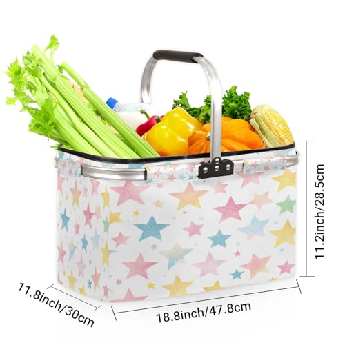 Colorful Stars Picnic Basket Large Collapsible Market Baskets Portable Reuasble Shopping Bags with Handles for Camping Beach Travel - color: Yellow