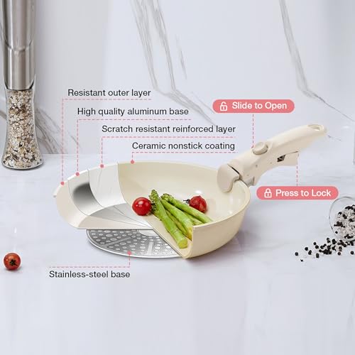 White Non-Stick Ceramic Cookware Set, 5-Piece Pots and Pans Set with Detachable Handles, Perfect for Everyday Cooking, RV Camping, and Compact Kitchens, Induction Compatible, PFOA & PTFE Free - color: Beige White