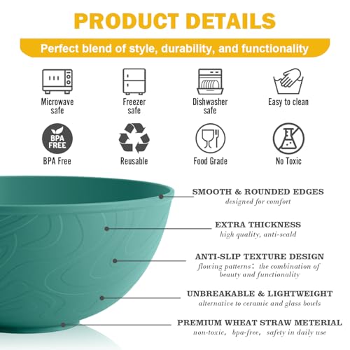 40 OZ Wheat Straw Bowl Sets, 6 PCS Unbreakable & Lightweight Salad Bowls, Microwave & Dishwasher Safe, BPA-Free, Kitchen Bowl Set for Serving, Soup, Oatmeal, Fruit, Noodles, Green - color: Green, size: 40 Oz