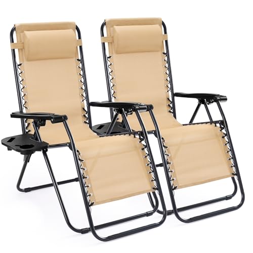 Sweetcrispy Zero Gravity Chairs, Set of 2 Portable Recliner Beach Camping Patio Outdoor Folding Lounge Chair with Cup Holder Trays and Adjustable Pillow for Poolside, Garden, Backyard, Lawn (Khaki) - color: Khaki