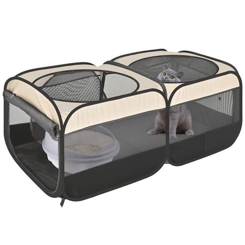 2-in-1 Dog Playpen 46.5''Pop Up Cat Pet Playpen, Assembly-Free Indoor Outdoor Kitten Enclosure, Kitten Pen Cat Cage Portable Puppy Tent Crates Kennel for Small Animals(No Divider, Unified Space) - color: Beige, size: S, 46.5"L x 24.1"W x 17"H