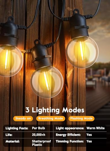 Brightown 34FT Outdoor Solar String Lights - LED G40 Pro Patio Energy Saving with 11 Shatterproof Bulbs, 3 Light Modes Waterproof Hanging Lights for Outside Garden Backyard Decor - Last for 20Hrs+ - size: 34ft 11led