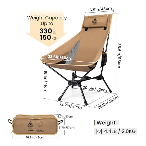 ONETIGRIS Tigerblade High Back Camping Chair with Pillow Design, Comfortable Widened Seat Folding Chair - color: Coyote Brown