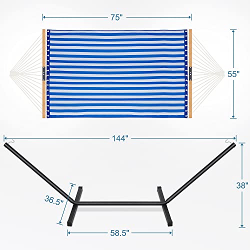 Homgava Two Person Hammock with Stand for Outside Heavy Duty, Outdoor Patio Hammock with Portable Steel Stand, Large Double Hammocks with Quick Dry Textilene Fabric,480lbs Capacity.(Blue White) - color: Blue White