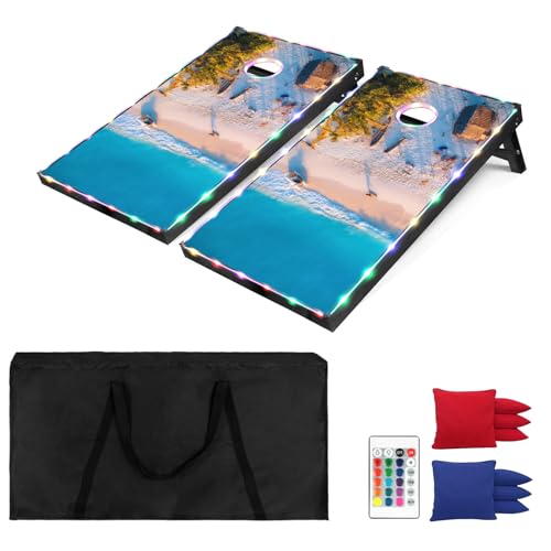 LED Cornhole Set, 3 x 2ft / 4 x2 ft Cornhole Board Game Set, Corn Hole Outdoor Game, Multi-Design with Light-Up Border, 8 Bean Bags, Carrying Case for Backyard, Beach, Lawn - color: Beach, size: 3'x2'