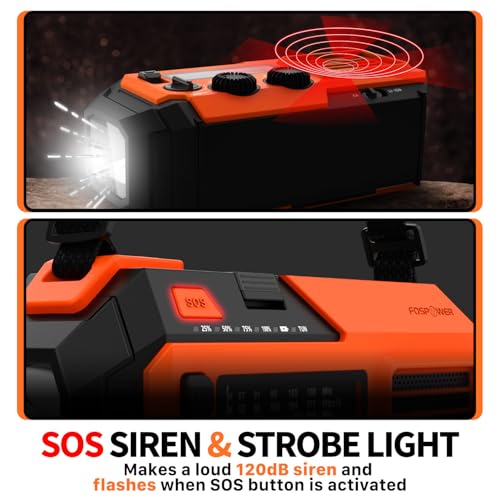 FosPower NOAA Emergency Weather Radio A6 19240mWh Portable Power Bank, AM/FM, USB/Solar/Hand Crank Charging, Battery Operated, SOS Alarm & Flashlight for Indoor/Outdoor Emergency - Orange - color: 07 - Model A6 - Orange