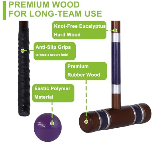 Six Player Croquet Set, 28’’ Croquet Set with Wooden Mallets/Colored Ball/Wickets/Stakes for Adults/Teenager/Family-Perfect for Lawn/Backyard Game/Park (Vintage Brown) - color: Vintage Brown-with Grip Tape