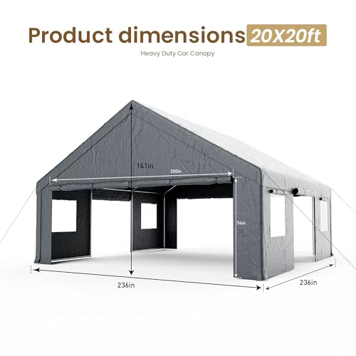 COSIEST 20'×20' Storage Shelter Outdoor Gable Roof Carport with Removable Side Walls, Heavy-Duty Garage Canopy Weatherproof PE Cover, Multi-Purpose Vehicle, Tractor Shed for Backyard, Driveway (Gray) - color: Gray, size: 20X20 FT Gable Top
