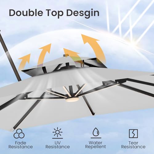 9x12 FT Cantilever Patio Umbrella with Led Lights Double Top Outdoor Rectangular Large Heavy Duty Aluminum Offset Umbrellas with 7 Level Tilt 360-degree Rotation for Pool Garden Deck, Fog Grey - color: Fog Grey, size: 9' X 12'-with Light