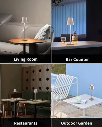 KDG 2 Pack Cordless Table Lamp,Portable LED Desk Lamp, 4000mAh Battery Operated, 3 Color Stepless Dimming Up, for Restaurant/Bedroom/Bars/Outdoor Party/Camping/Coffee Shop Night Light(Brushed Nickel) - color: Electroplated Brushed Nickel-2