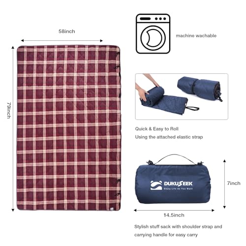 DUKUSEEK Hooded Outdoor Blanket, Extra Large 79" x 59" Waterproof Camping Blanket, Quilted, Thick Fleece, Warm, Windproof, Sand Proof, Portable and Wear-Resistant, Perfect for Stadium, Picnic - color: Navy Blue Outer With Red Plaid Fleece