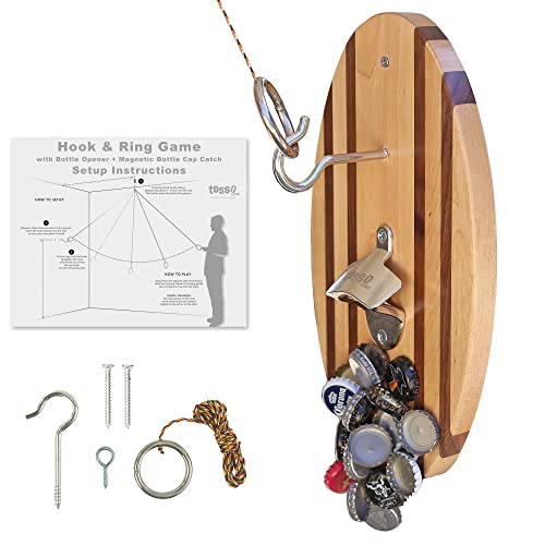 Hook and Ring Game Pro (Beach Stripes) with Bottle Opener and Magnetic Bottle Cap Catch - Easy Wall Mount Ring Toss Game
