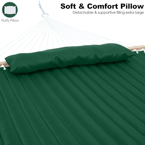 GAFETE Hammock 2 Person Quilted Fabric Hammocks for Outside, Double 12ft Hammocks with Spreader Bar, Large Removable Pillow, Storage Bag, Carabiners, Max 475 lbs Capacity (Night Green) - color: Night Green