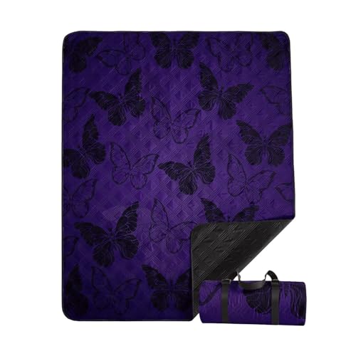Outdoor Picnic Blanket Portable Ultrasonic Waterproof Picnic Cartoon Black Butterfly Printed Camping Beach Mat for Sand and Wet Grass Hiking (Black Butterfly L - color: Black Butterfly, size: Extra Long - 78"x78"