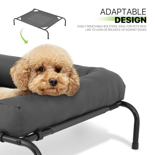 Magshion Cooling Elevated Dog Bed w/Removable Bolster, Portable Raised Outdoor Indoor Dog Cots Chew Proof Pet Hammock with Breathable Mesh for Small Dogs up to 50 lbs, Dark Gray