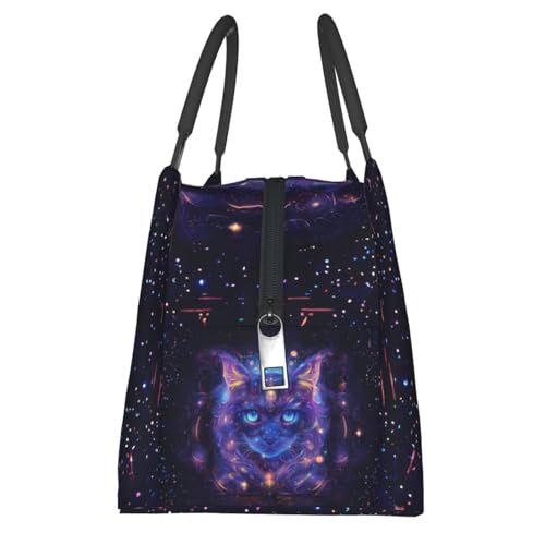 Fantasy Galaxy Cat Reusable Lunch Box,Mystical Cosmic Kitten Lunchbox for Kids Women Pet Lovers,Insulated Lunchbag,11in*6.3in*6.7in,Gifts Makeup Bag,Portable Handbag for Picnic Work Travel - color: Cat