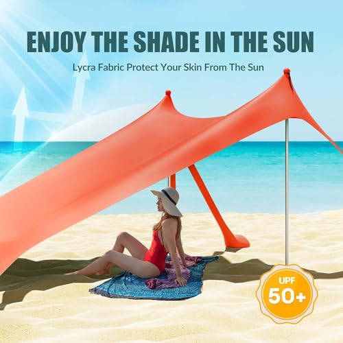 Gardentime Beach Tent Canopy with 8 Sandbags 4 Aluminum Poles, Pop Up Portable Camping Sun Shelter, Easy Set Up with 2 Sand Shovel, Ground Pegs, Carrying Bag for Outdoor Beach,Picnic, Fishing - color: Orange