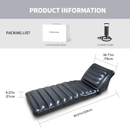 Inflatable Lounge Chair Recliner - Heavy-Duty Air Sofa Bed with Adjustable Backrest, Portable Indoor Outdoor Lawn Chair for Patio, Beach, Camping, Backyard (220cm/86.6in, Black) - color: Dark Grey