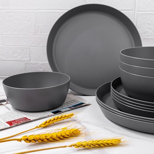 EI 12pcs Wheat Straw Dinnerware Set of 4,Kitchen Plates and Bowls,Reuasble Plates,Unbreakable Dinner Plate,Hard Premium Plastic Plate for Camping,Picninc,Halloween - color: Dark Grey Wheat Straw Plates and Bowls