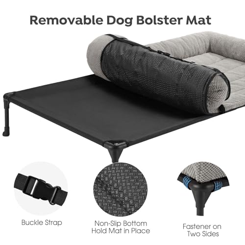 Veehoo Cooling Elevated Dog Bed Add Removable Corduroy Bolster Cushion Mat, 53" x 33" Washable Dog Couch Bed, Raised Pet Cot with Breathable Teslin Mesh, No-Slip Feet, Grey, CWC2439D
