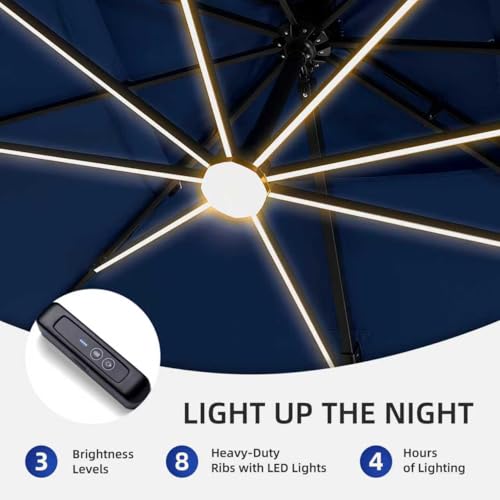 9 X 12 FT Cantilever Patio Umbrella with Led Lights and Base Included Heavy Duty Outdoor Double Top Large Rectangle Offset Umbrellas with 360-degree Rotation for Garden Pool Deck Backyard, Navy - color: Navy, size: 9' X 12'- Weighted Base Included(LED)