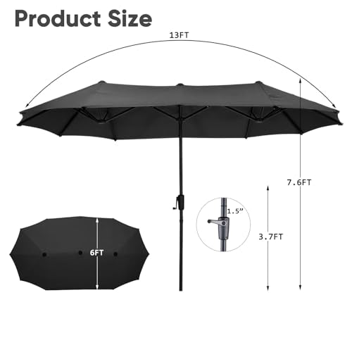 13Ft Large Patio Umbrella Outdoor Double-Sided Market Umbrella w/Easy Crank for Yard, Poolside, Deck, Black - color: Black, size: 13FT Umbrella