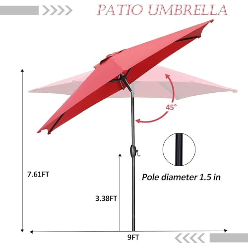 HYD-Parts 9FT Patio Umbrella Outdoor Table Umbrella,Market Umbrella with Push Button Tilt and Crank for Garden, Lawn, Deck, Backyard & Pool, with a Base (Red) - color: Red, size: Umbrella+Base