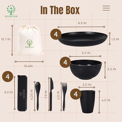 ECOSTAR Wheat Straw Dinnerware Sets Unbreakable Plates Bowls and Cups Reusable Utensils Dishwasher Microwave Safe Bowls and Plates Sets (Black) - color: Black