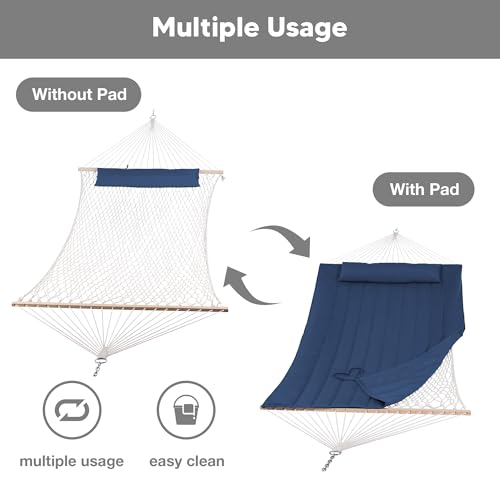 SUNCREAT Hammocks Outdoor Double Hammock with Hardwood Spreader Bar, 475 lbs Capacity, Heavy Duty 15 FT Hammock with Large Soft Pillow, Dark Blue - color: Dark Blue