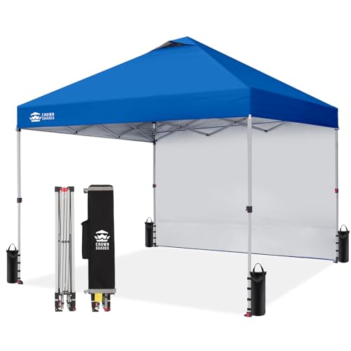 CROWN SHADES 10x10 Pop Up Canopy with 1 Side Wall - Beach Tent with One Push Setup - Outdoor Sun Shade for Events, Parties, Camping - Gazebo with STO-N-Go Cover Bag (Blue) - color: Blue, size: 10x10FT
