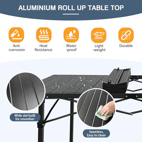 Large Folding Camping Table Aluminum for 5-7 People 55"X27.5" Roll Up Tall Outdoor Portable Table Lightweight with Carry Bag for Picnic BBQ Backyard Beach Black - color: Black-55*27.5-2.75in Panel