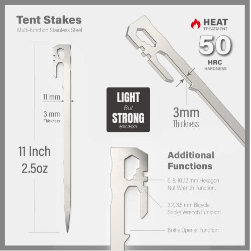 Tent Stakes 6-PCS - Camping Essentials for Tent Camper. Stainless Steel Heavy Duty Ground Stakes, Light Weight Camping Essentials, 11 inch 2.47 oz, Tent Accessories by LI JIU® - size: 11 Inch 6 Pcs