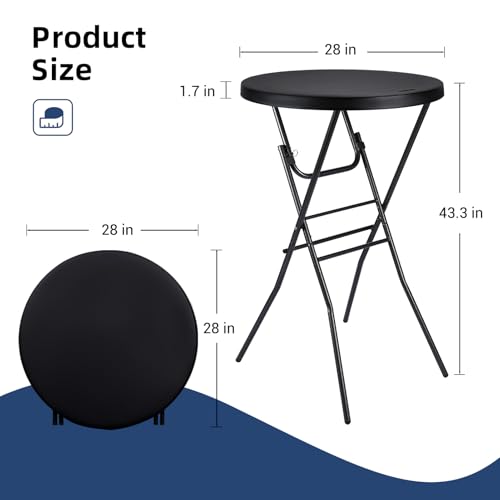 Byliable Cocktail Table 28in High Top Round Folding Indoor Outdoor, Plastic Bar Height Foldable Bistro Tall Table for Party, Patio, Dining Room, Kitchen, Events, Removable Locking Legs, Black - color: Black, size: 28×43 in