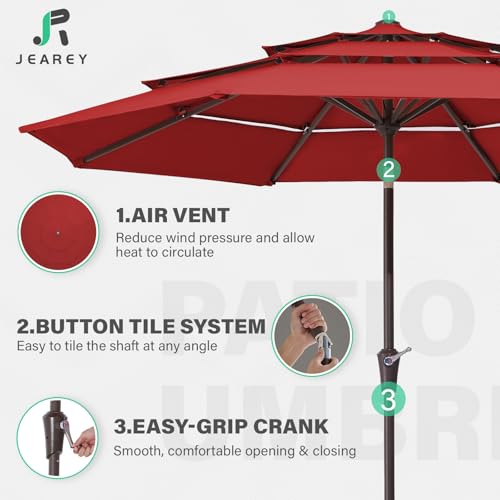 JEAREY 9FT 3 Tier Patio Umbrella Outdoor Market Umbrella Table Umbrellas with 8 Ribs 1.5 Pole Push Button Tilt and Crank UV Protection for Garden,Red - color: Red