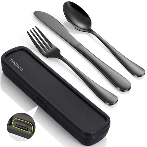 Travel Utensils with Case, 4-Piece Stainless Steel Portable Cutlery Set, Reinforced Case with Buckle Design, Lunch Box for Camping Work School, Include Fork Spoon Knife, Dishwasher Safe, Black - color: Black