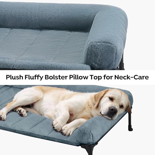 Veehoo Orthopedic Elevated Dog Bed with Fluffy Plush Bolster Cushion, Indoor Raised Dog Beds for Large Dogs, Soft Pet Sofa Cot with Removable Washable Mat, No-Slip Feet, 42 x 30 inches, Haze Blue - color: Haze Blue, size: 42.0"L x 30.0"W x 7.0"Th