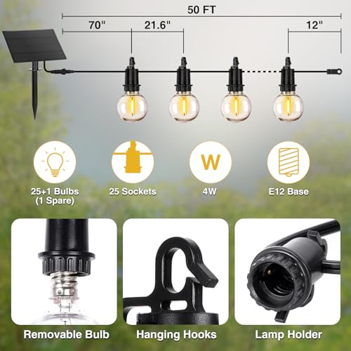 ZJOJO Solar Outdoor String Lights Waterproof, 50FT G40 Globe Patio Lights String Lights Solar Powered with 25 Edison Bulbs 2700K Shatterproof Hanging Lights for Porch Backyard Pergola Bistro - size: 50FT-25(Solar)