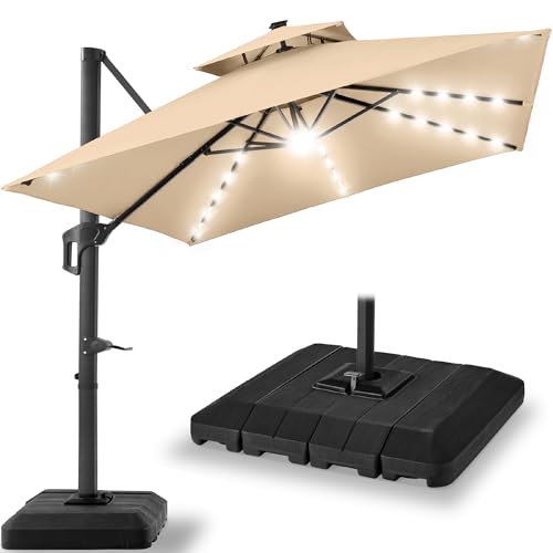 Best Choice Products 9x12ft LED Cantilever Patio Umbrella w/Base Included & 360° Rotation, Large Solar Offset Hanging Outdoor Sun Shade for Deck, Backyard Table w/Stand & Lights – Sand - color: Sand, size: 9x12ft