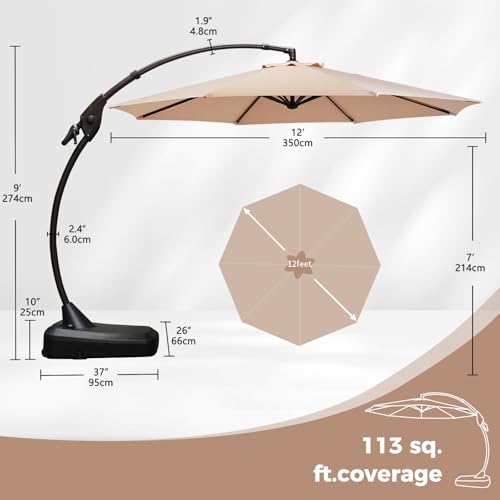 Grand patio 12FT Offset Umbrella Outdoor Round Aluminum Cantilever Umbrella with Base for Garden Deck Poolside (Champagne, 12 FT) - color: Champagne, size: 12 FT